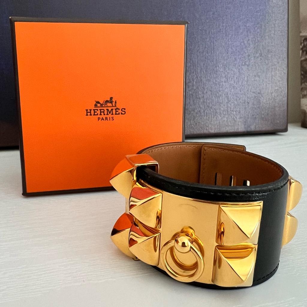 Hermes Cdc Collier De Chien Black Leather Bracelet With Gold Hardware Ghw